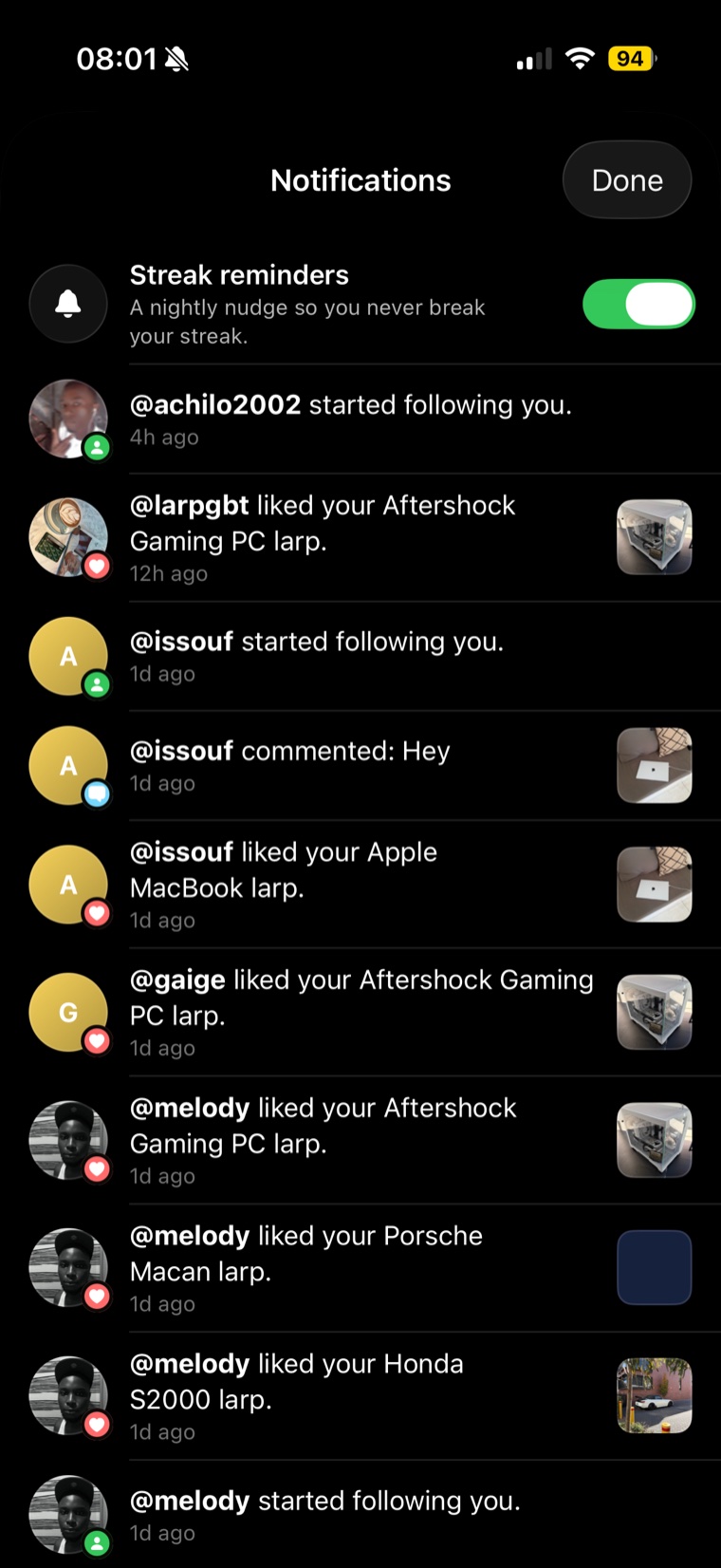 Larped notifications with streak reminders, new followers, likes, and comments on recent finds.