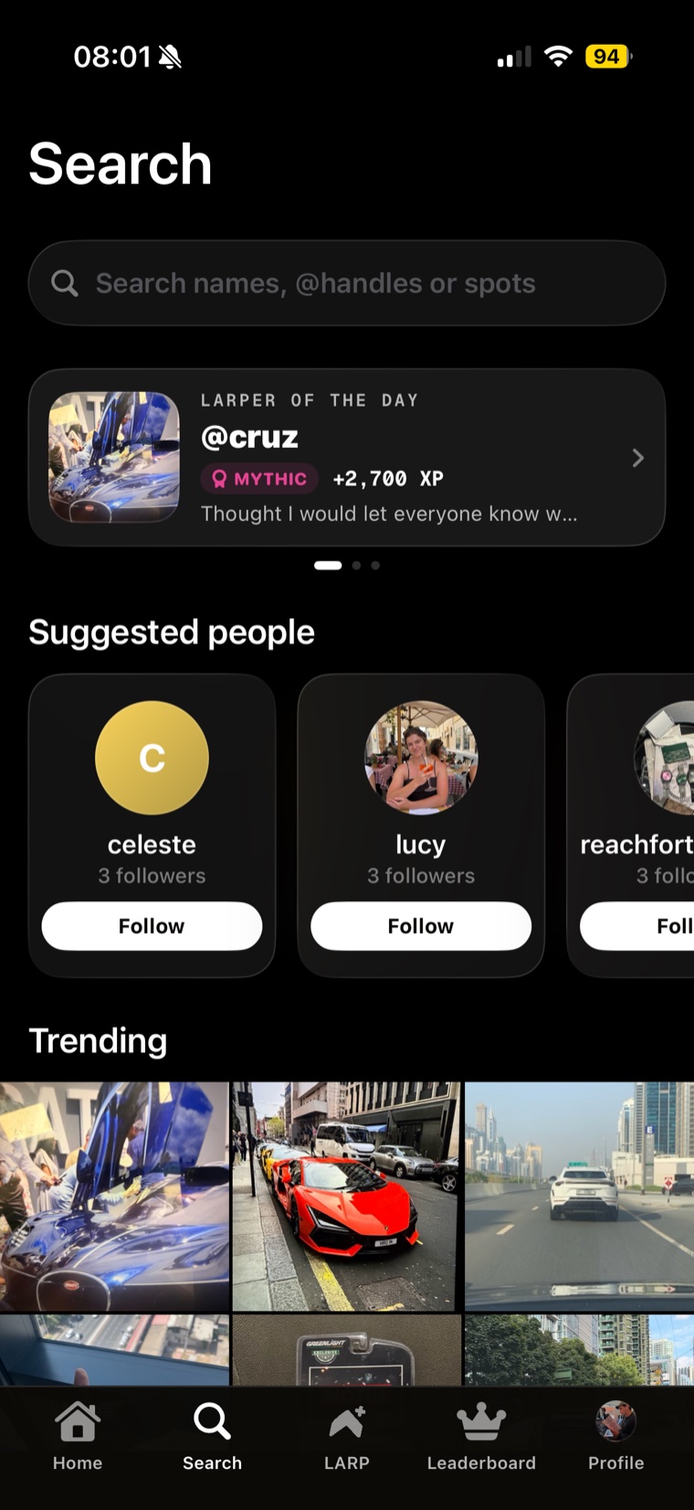 Larped Search with Larper of the Day, suggested people to follow, and a grid of trending finds.